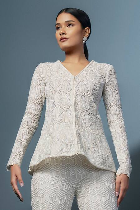 Buy Ritika Mirchandani Ivory Net, Crepe, Aethra Geometric Mosaic Embroidered Jacket Kurta With Sharara Online at Aza Fashions Buy_Ritika Mirchandani_Ivory Net, Crepe, Aethra Geometric Mosaic Embroidered Jacket Kurta With Sharara _Online_at_Aza_Fashions