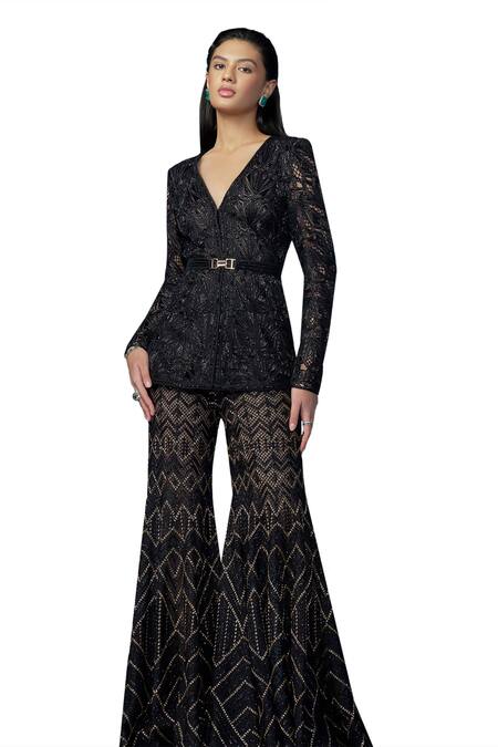Shop Ritika Mirchandani Black Net, Crepe, Georgette Isra Mosaic Embroidered Jacket Kurta Sharara Set Online at Aza Fashions Shop_Ritika Mirchandani_Black Net, Crepe, Georgette Isra Mosaic Embroidered Jacket Kurta Sharara Set _Online_at_Aza_Fashions