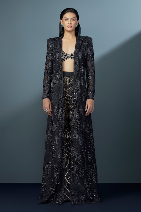 Shop Ritika Mirchandani Black Crepe Embellished Crystal Coat Neptara Mesh Trench Sheer Sharara Set at Aza Fashions Shop_Ritika Mirchandani_Black Crepe Embellished Crystal Coat Neptara Mesh Trench Sheer Sharara Set _at_Aza_Fashions