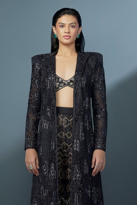 Ritika Mirchandani Black Crepe Embellished Crystal Coat Neptara Mesh Trench Sheer Sharara Set Online at Aza Fashions Ritika Mirchandani_Black Crepe Embellished Crystal Coat Neptara Mesh Trench Sheer Sharara Set _Online_at_Aza_Fashions