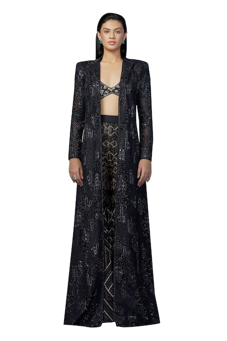 Buy Ritika Mirchandani Black Crepe Embellished Crystal Coat Neptara Mesh Trench Sheer Sharara Set Online at Aza Fashions Buy_Ritika Mirchandani_Black Crepe Embellished Crystal Coat Neptara Mesh Trench Sheer Sharara Set _Online_at_Aza_Fashions