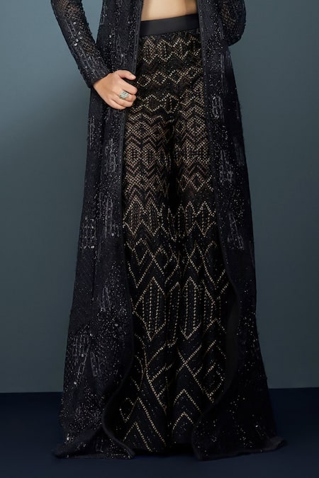 Shop Ritika Mirchandani Black Crepe Embellished Crystal Coat Neptara Mesh Trench Sheer Sharara Set Online at Aza Fashions Shop_Ritika Mirchandani_Black Crepe Embellished Crystal Coat Neptara Mesh Trench Sheer Sharara Set _Online_at_Aza_Fashions