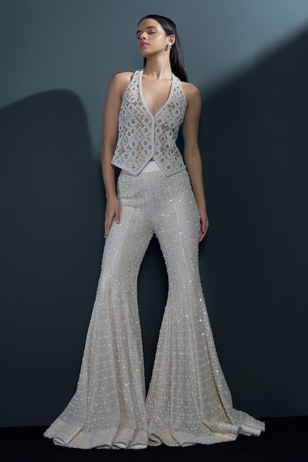 Shop_Ritika Mirchandani_Ivory Net, Crepe, Georgette Illume Cutwork Embellished Mesh Blazer Sharara Set _at_Aza_Fashions