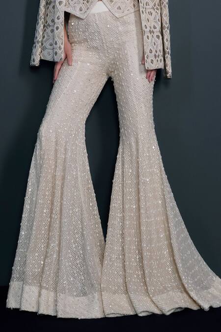 Buy_Ritika Mirchandani_Ivory Net, Crepe, Georgette Illume Cutwork Embellished Mesh Blazer Sharara Set 