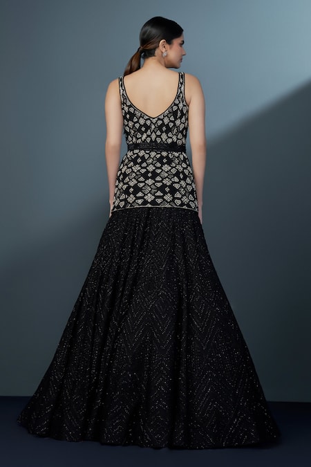 Shop_Ritika Mirchandani_Black Crepe Embellished Crystal Vespera Geometric Kurta With Mesh Lehenga _at_Aza_Fashions