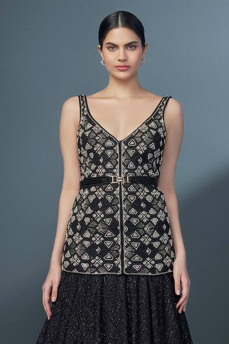 Ritika Mirchandani_Black Crepe Embellished Crystal Vespera Geometric Kurta With Mesh Lehenga _Online_at_Aza_Fashions