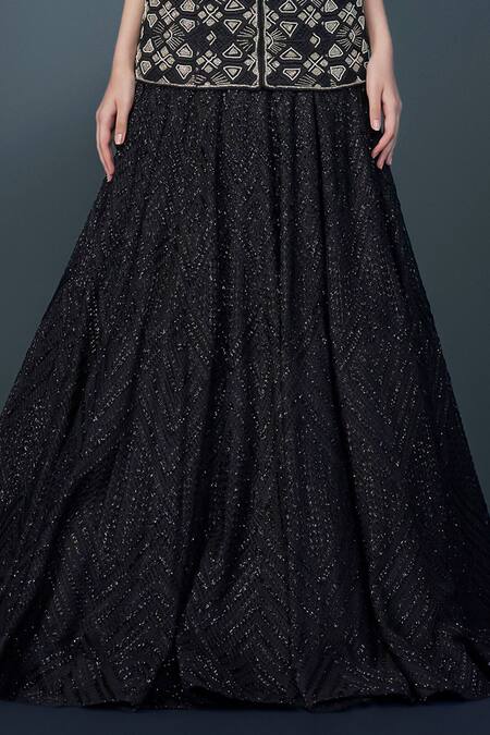 Buy_Ritika Mirchandani_Black Crepe Embellished Crystal Vespera Geometric Kurta With Mesh Lehenga _Online_at_Aza_Fashions