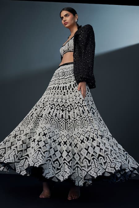 Shop Ritika Mirchandani Black Crepe Embellished Akari Geometric Embroidered Monochrome Lehenga Set Online at Aza Fashions Shop_Ritika Mirchandani_Black Crepe Embellished Akari Geometric Embroidered Monochrome Lehenga Set _Online_at_Aza_Fashions