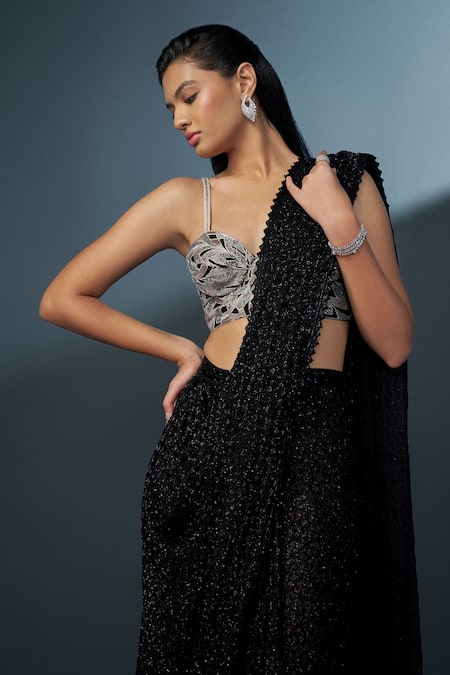 Shop_Ritika Mirchandani_Black Crepe Embellished Heather Pre-draped Dhoti Saree With Corset Blouse _Online_at_Aza_Fashions