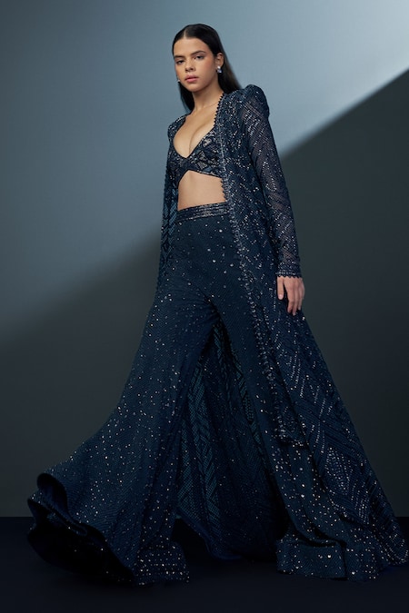 Shop_Ritika Mirchandani_Blue Net, Crepe Beads, Crystals Twilight Mesh High-low Jacket Sharara Set _at_Aza_Fashions