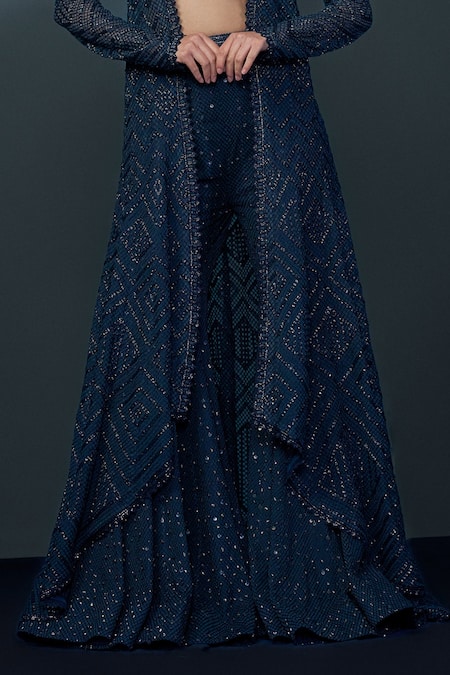 Ritika Mirchandani_Blue Net, Crepe Beads, Crystals Twilight Mesh High-low Jacket Sharara Set _Online_at_Aza_Fashions