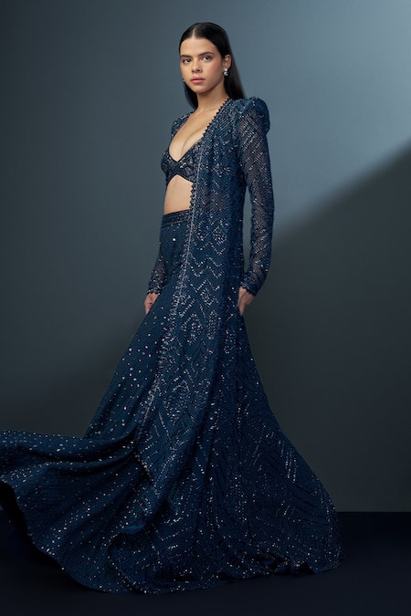 Buy_Ritika Mirchandani_Blue Net, Crepe Beads, Crystals Twilight Mesh High-low Jacket Sharara Set _Online_at_Aza_Fashions