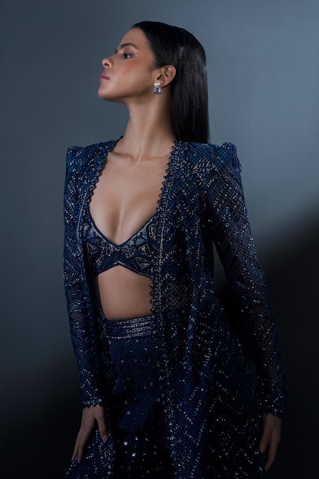 Shop_Ritika Mirchandani_Blue Net, Crepe Beads, Crystals Twilight Mesh High-low Jacket Sharara Set _Online_at_Aza_Fashions