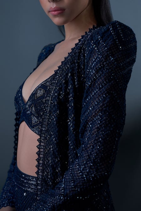 Ritika Mirchandani_Blue Net, Crepe Beads, Crystals Twilight Mesh High-low Jacket Sharara Set _at_Aza_Fashions
