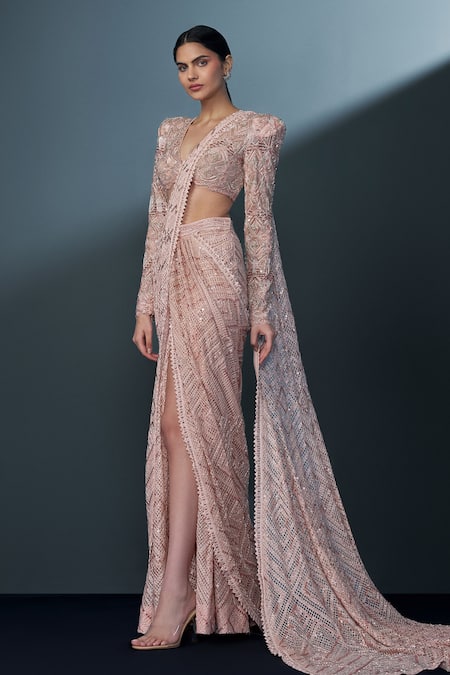 Buy_Ritika Mirchandani_Pink Crepe Embellished Sakura Cutwork Mesh Pre-draped Slit Saree With Blouse _Online_at_Aza_Fashions