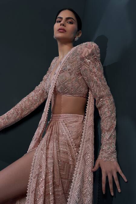 Buy_Ritika Mirchandani_Pink Crepe Embellished Sakura Cutwork Mesh Pre-draped Slit Saree With Blouse 