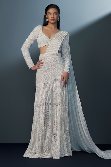 Ritika Mirchandani Ivory Crepe Embellished Crystal Ayla Cutwork Slit Pre-draped Saree With Blouse 