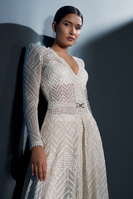 Shop_Ritika Mirchandani_Ivory Net, Crepe, Georgette Astris Cutwork Mesh High-low Jacket Sharara Set _at_Aza_Fashions