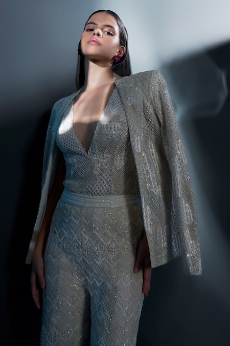 Shop Ritika Mirchandani Ivory Net, Crepe, Georgette Viora Cutwork Embellished Blazer Sharara Set at Aza Fashions Shop_Ritika Mirchandani_Ivory Net, Crepe, Georgette Viora Cutwork Embellished Blazer Sharara Set _at_Aza_Fashions