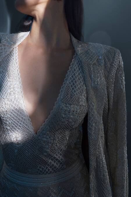 Buy Ritika Mirchandani Ivory Net, Crepe, Georgette Viora Cutwork Embellished Blazer Sharara Set Online at Aza Fashions Buy_Ritika Mirchandani_Ivory Net, Crepe, Georgette Viora Cutwork Embellished Blazer Sharara Set _Online_at_Aza_Fashions