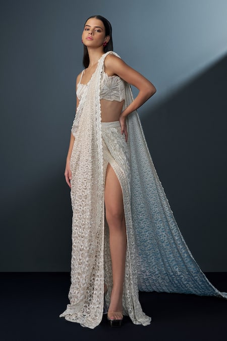 Buy_Ritika Mirchandani_Ivory Crepe Astriona Cutwork Jaali Pre-draped Saree With Applique Blouse _Online_at_Aza_Fashions