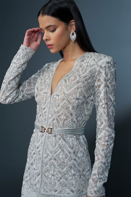 Shop Ritika Mirchandani Blue Net, Crepe, Paragon Embellished Floral Geometric Jacket Kurta Sharara Set at Aza Fashions Shop_Ritika Mirchandani_Blue Net, Crepe, Paragon Embellished Floral Geometric Jacket Kurta Sharara Set _at_Aza_Fashions