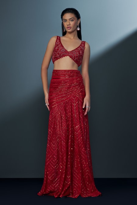 Ritika Mirchandani Red Net, Crepe, Georgette Oracle Embellished Mermaid Slit Lehenga With Blouse Online at Aza Fashions Ritika Mirchandani_Red Net, Crepe, Georgette Oracle Embellished Mermaid Slit Lehenga With Blouse _Online_at_Aza_Fashions