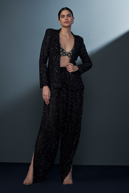 Ritika Mirchandani Black Crepe Embellished Crystal Blazer Celestique Sequin Mesh Dhoti Pant Set 