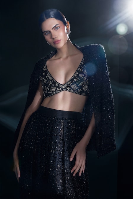 Buy_Ritika Mirchandani_Black Net, Crepe Sequins, Celestique Embellished Mesh Blazer Dhoti Pant Set _Online_at_Aza_Fashions