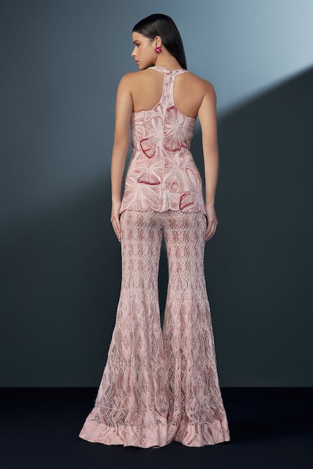 Shop_Ritika Mirchandani_Pink Net, Crepe, Georgette Velvet Ombre Embellished Kurta With Sharara _at_Aza_Fashions