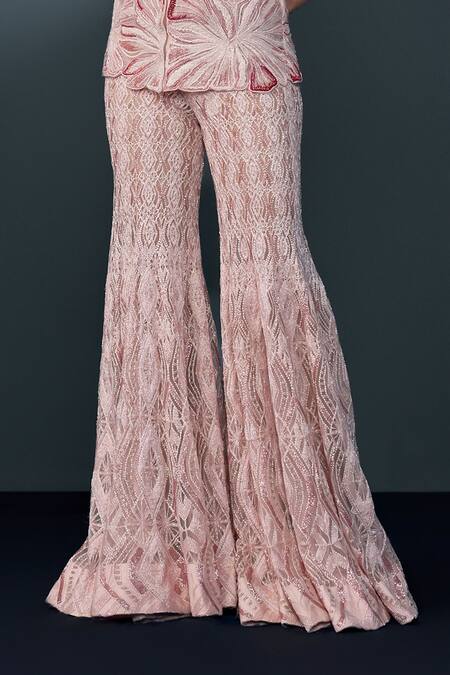 Ritika Mirchandani_Pink Net, Crepe, Georgette Velvet Ombre Embellished Kurta With Sharara _Online_at_Aza_Fashions