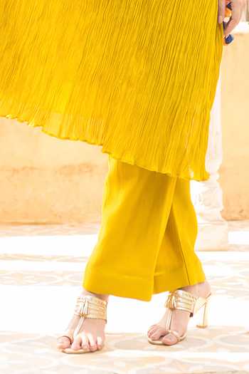 Surbhi Shah_Yellow Chanderi, Cotton Tassels Boat Yoke Embroidered Kaftan Kurta And Pant Set _Online_at_Aza_Fashions