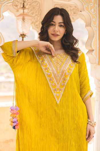 Buy_Surbhi Shah_Yellow Chanderi, Cotton Tassels Boat Yoke Embroidered Kaftan Kurta And Pant Set _Online_at_Aza_Fashions
