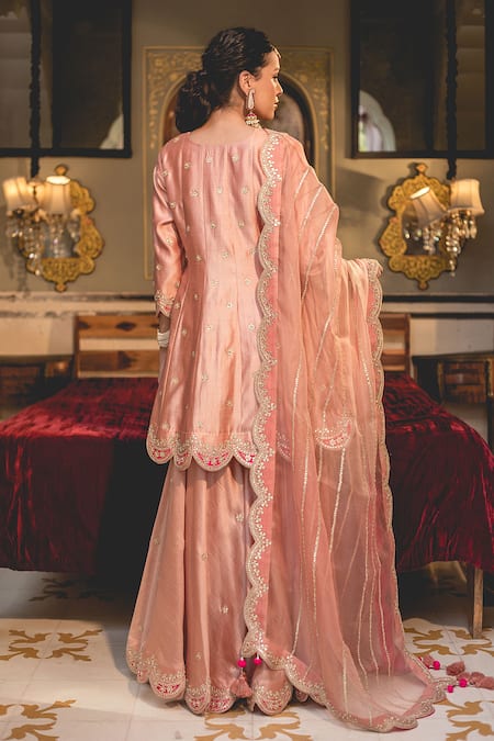 Shop Surbhi Shah Peach Cotton, Silk Embroidery Split V-neck Marodi Anarkali Sharara Set at Aza Fashions Shop_Surbhi Shah_Peach Cotton, Silk Embroidery Split V-neck Marodi Anarkali Sharara Set _at_Aza_Fashions