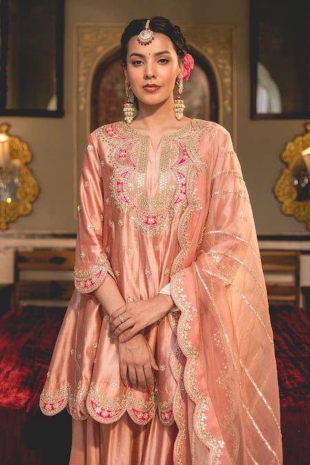 Surbhi Shah Peach Cotton, Silk Embroidery Split V-neck Marodi Anarkali Sharara Set Online at Aza Fashions Surbhi Shah_Peach Cotton, Silk Embroidery Split V-neck Marodi Anarkali Sharara Set _Online_at_Aza_Fashions