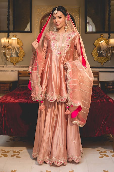 Buy Surbhi Shah Peach Cotton, Silk Embroidery Split V-neck Marodi Anarkali Sharara Set Online at Aza Fashions Buy_Surbhi Shah_Peach Cotton, Silk Embroidery Split V-neck Marodi Anarkali Sharara Set _Online_at_Aza_Fashions