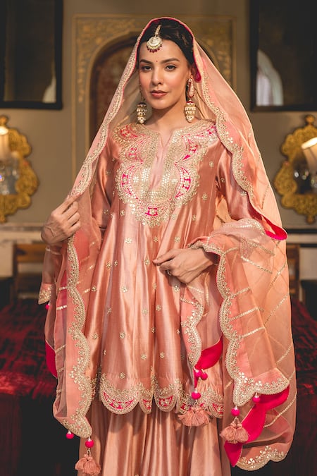 Shop Surbhi Shah Peach Cotton, Silk Embroidery Split V-neck Marodi Anarkali Sharara Set Online at Aza Fashions Shop_Surbhi Shah_Peach Cotton, Silk Embroidery Split V-neck Marodi Anarkali Sharara Set _Online_at_Aza_Fashions
