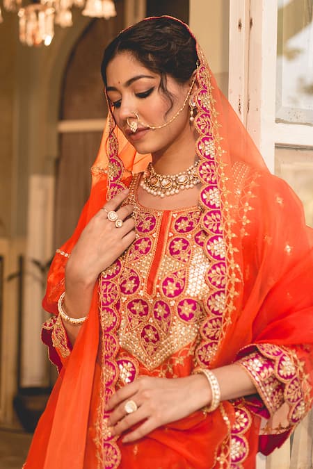 Surbhi Shah_Orange Kota Doria Embroidery, Sequins, Patti Patchwork Kurta Sharara Set _Online_at_Aza_Fashions