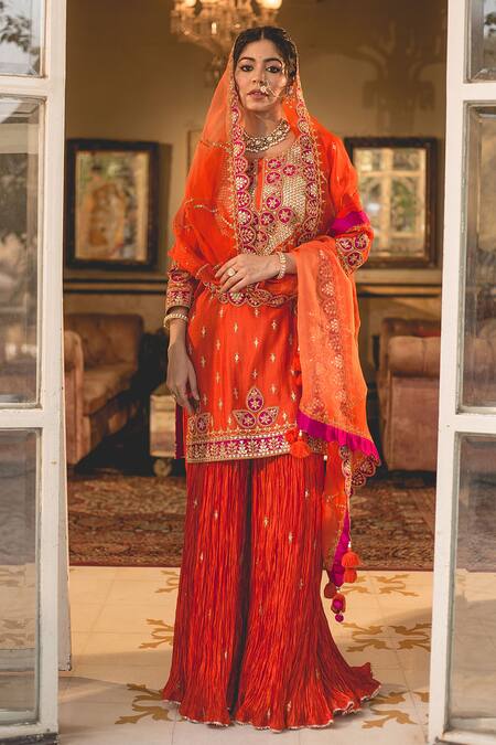 Buy_Surbhi Shah_Orange Kota Doria Embroidery, Sequins, Patti Patchwork Kurta Sharara Set _Online_at_Aza_Fashions