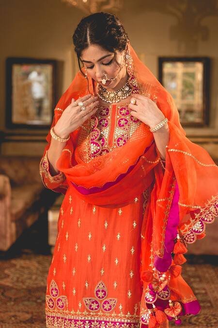 Shop_Surbhi Shah_Orange Kota Doria Embroidery, Sequins, Patti Patchwork Kurta Sharara Set _Online_at_Aza_Fashions