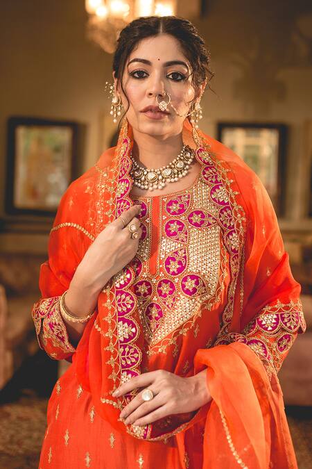 Surbhi Shah_Orange Kota Doria Embroidery, Sequins, Patti Patchwork Kurta Sharara Set _at_Aza_Fashions