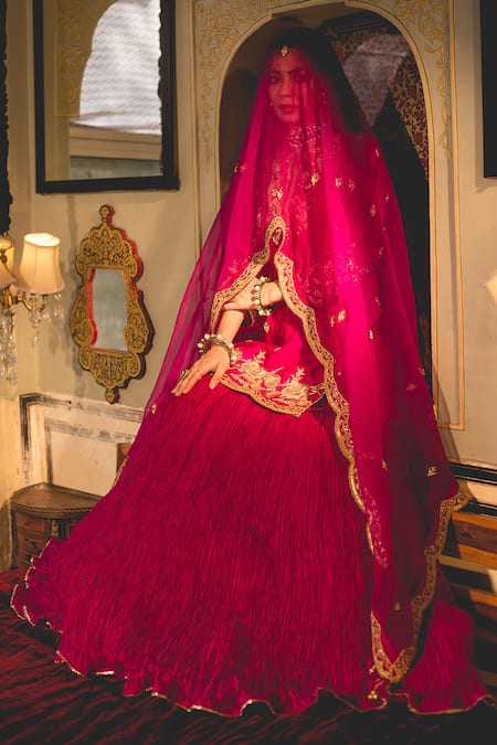 Shop Surbhi Shah Magenta Cotton, Kota Doria Pearls, Zari Zardozi Embroidered Kurta Skirt Set at Aza Fashions Shop_Surbhi Shah_Magenta Cotton, Kota Doria Pearls, Zari Zardozi Embroidered Kurta Skirt Set _at_Aza_Fashions