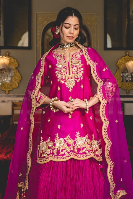 Buy Surbhi Shah Magenta Cotton, Kota Doria Pearls, Zari Zardozi Embroidered Kurta Skirt Set Online at Aza Fashions Buy_Surbhi Shah_Magenta Cotton, Kota Doria Pearls, Zari Zardozi Embroidered Kurta Skirt Set _Online_at_Aza_Fashions