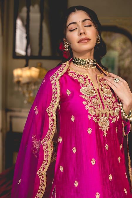Shop Surbhi Shah Magenta Cotton, Kota Doria Pearls, Zari Zardozi Embroidered Kurta Skirt Set Online at Aza Fashions Shop_Surbhi Shah_Magenta Cotton, Kota Doria Pearls, Zari Zardozi Embroidered Kurta Skirt Set _Online_at_Aza_Fashions