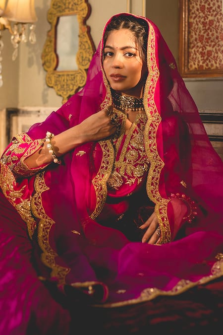 Surbhi Shah Magenta Cotton, Kota Doria Pearls, Zari Zardozi Embroidered Kurta Skirt Set at Aza Fashions Surbhi Shah_Magenta Cotton, Kota Doria Pearls, Zari Zardozi Embroidered Kurta Skirt Set _at_Aza_Fashions