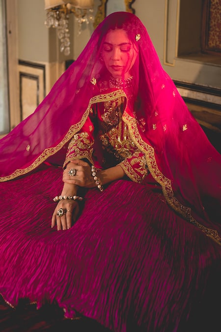 Buy Surbhi Shah Magenta Cotton, Kota Doria Pearls, Zari Zardozi Embroidered Kurta Skirt Set Buy_Surbhi Shah_Magenta Cotton, Kota Doria Pearls, Zari Zardozi Embroidered Kurta Skirt Set