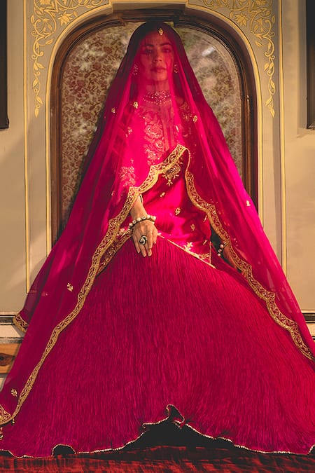 Shop Surbhi Shah Magenta Cotton, Kota Doria Pearls, Zari Zardozi Embroidered Kurta Skirt Set Shop_Surbhi Shah_Magenta Cotton, Kota Doria Pearls, Zari Zardozi Embroidered Kurta Skirt Set