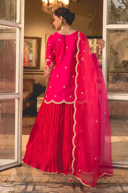 Shop Surbhi Shah Pink Cotton, Kota Doria, Silk Pearls, Zari, Embroidery Split Kurta Skirt Set at Aza Fashions Shop_Surbhi Shah_Pink Cotton, Kota Doria, Silk Pearls, Zari, Embroidery Split Kurta Skirt Set _at_Aza_Fashions