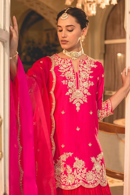 Buy Surbhi Shah Pink Cotton, Kota Doria, Silk Pearls, Zari, Embroidery Split Kurta Skirt Set Online at Aza Fashions Buy_Surbhi Shah_Pink Cotton, Kota Doria, Silk Pearls, Zari, Embroidery Split Kurta Skirt Set _Online_at_Aza_Fashions