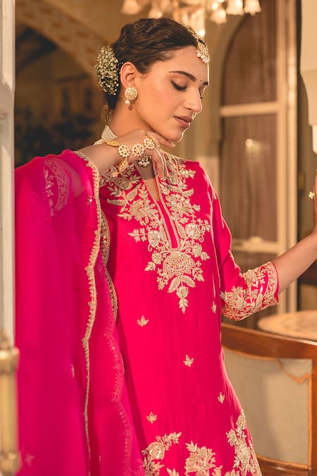 Shop Surbhi Shah Pink Cotton, Kota Doria, Silk Pearls, Zari, Embroidery Split Kurta Skirt Set Online at Aza Fashions Shop_Surbhi Shah_Pink Cotton, Kota Doria, Silk Pearls, Zari, Embroidery Split Kurta Skirt Set _Online_at_Aza_Fashions